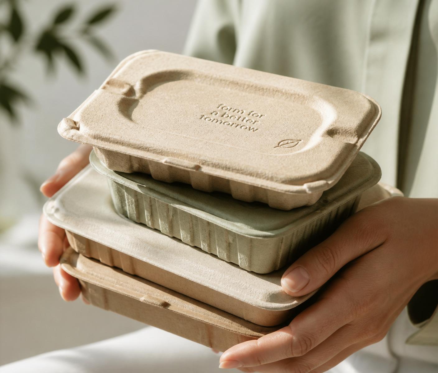 Hands holding a stack of molded pulp packaging samples